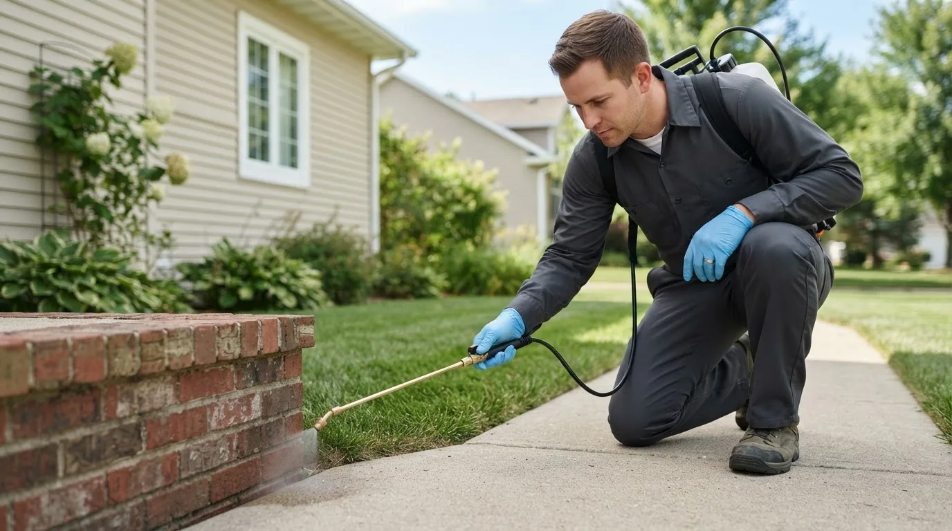 Pest control technician treating a home near Ashley, ND