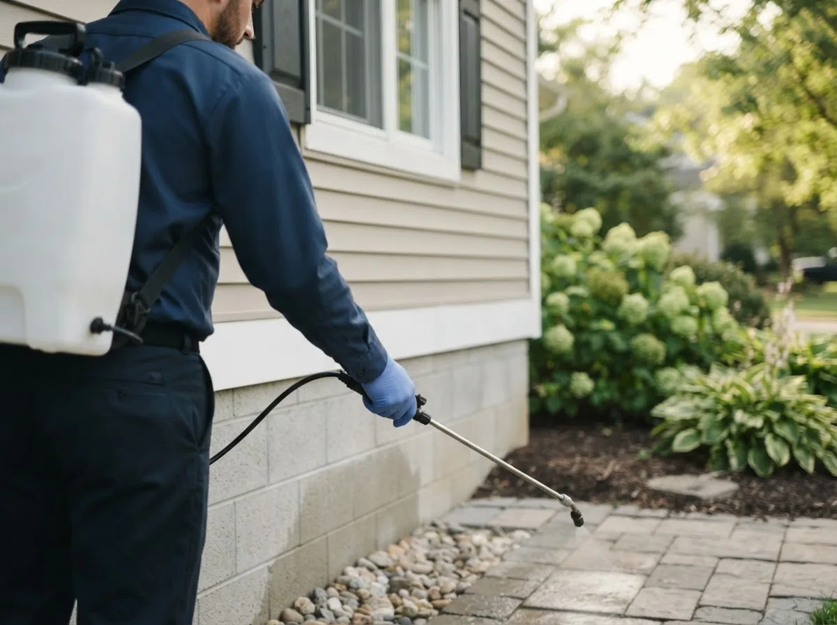 Pest control technician inspecting a home in Ashley, ND